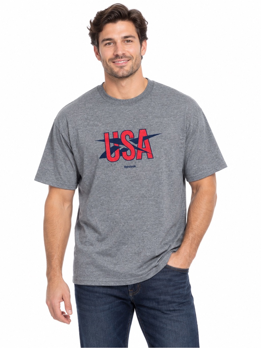 Reebok Gray Short-Sleeve Tee with Red and Navy USA Graphic